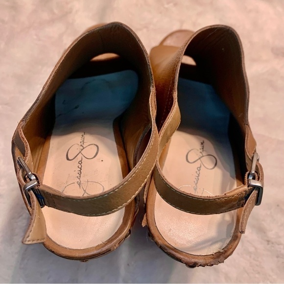 Jessica Simpson Pumps Sz 9.5 Daine Leather Tan Camel Open-Toe High Heels Straps - Picture 10 of 16